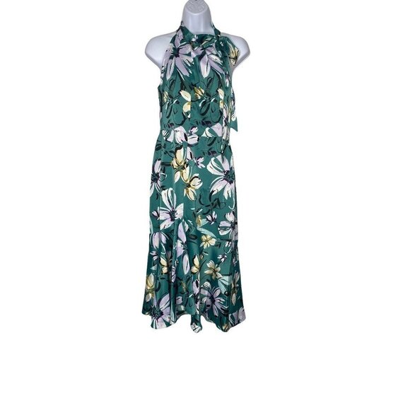 MAGGY LONDON Woman’s CAROLINA HALTER DRESS FLORAL MIDI CHARMEUSE GREEN SZ 2 - Picture 2 of 9